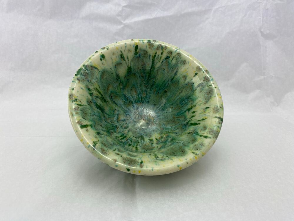 Vintage Studio Pottery Bowl Green Drip Splatter Glaze Speckled Ceramic 5x3 Inch